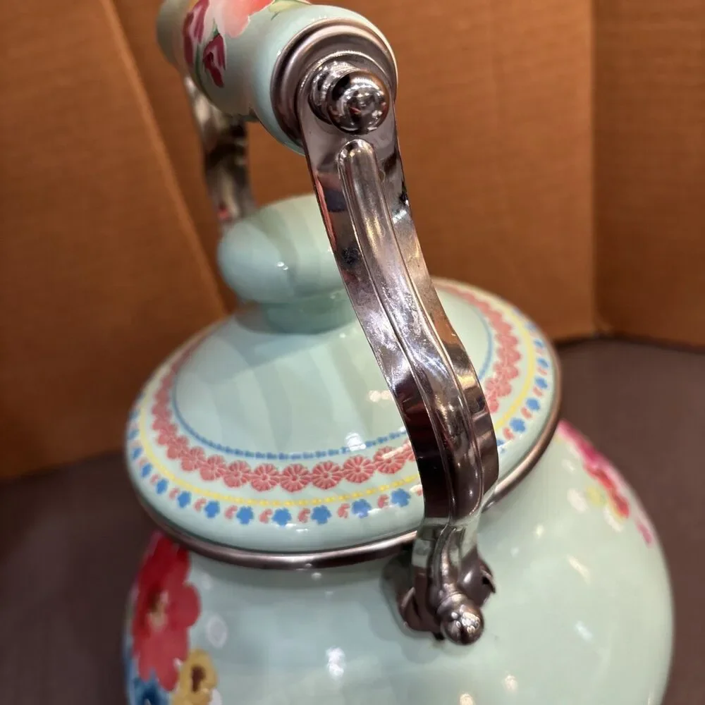 Teapot Pioneer Woman Breezy Blossom Enamel Steel 1.9 Qt Stovetop Tea Kettle - Picture 15 of 16